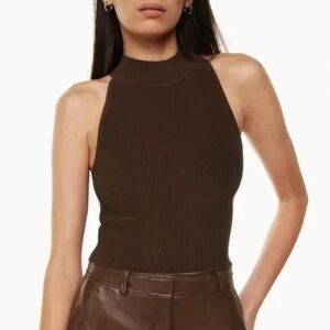 Aritzia Babaton Sculpt Rib Knit Mockneck Halter Crop Tank Top Brown Small
